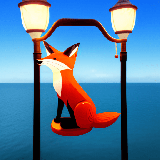 AI generated: a fox on a swing hanging from an L- shaped lamp post in the middle of the ocean