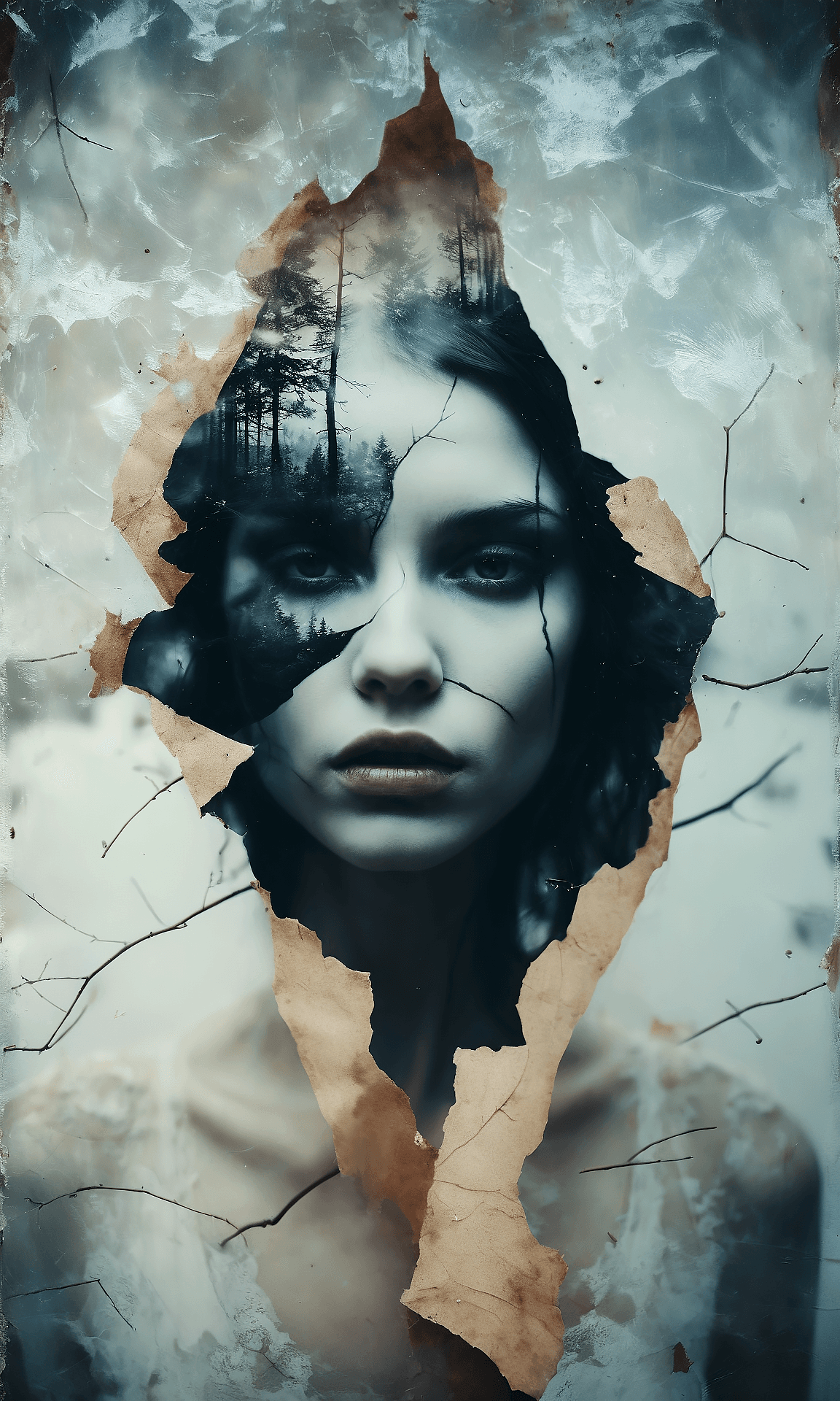 AI generated: A beautiful woman, double exposure, surreal artwork, printed on cracked paper, artful, aesthetic, mu...