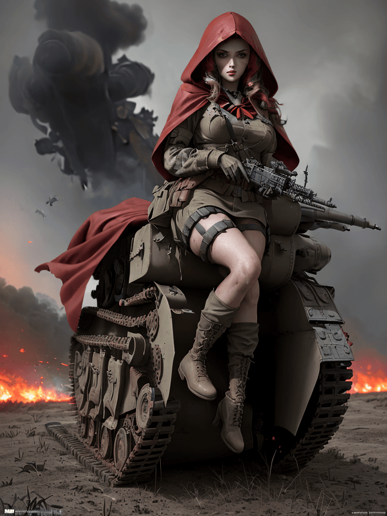 AI generated: Little red riding hood as soldier at world war 2,   normandy, france, smoke, crashing planes, tanks,...