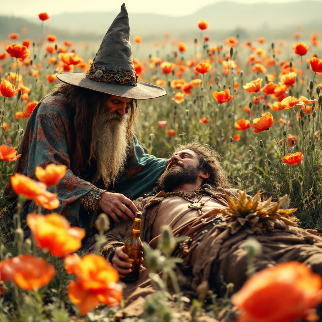 AI generated: a totally wasted hippie in a field of poppies laying prone on ground while talking a wizard next him...