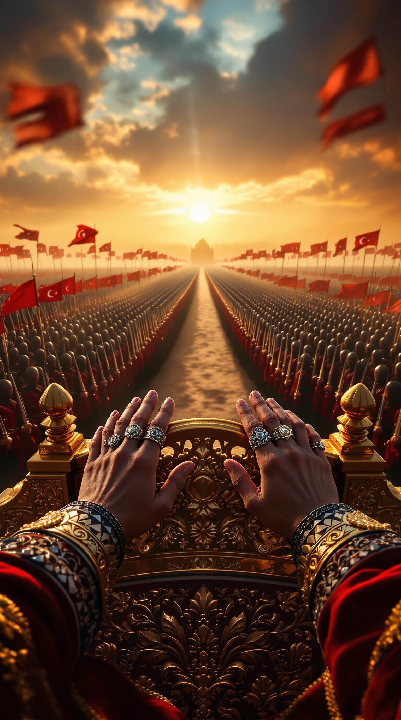 AI generated: First person POV, the Sultan’s hands rest on the golden armrests of a majestic throne, positioned in...