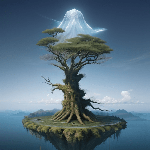 AI generated: mystical Sky Island, , in mid-air, a colossal withered tree, Unveil the secrets hidden in the sky, b...