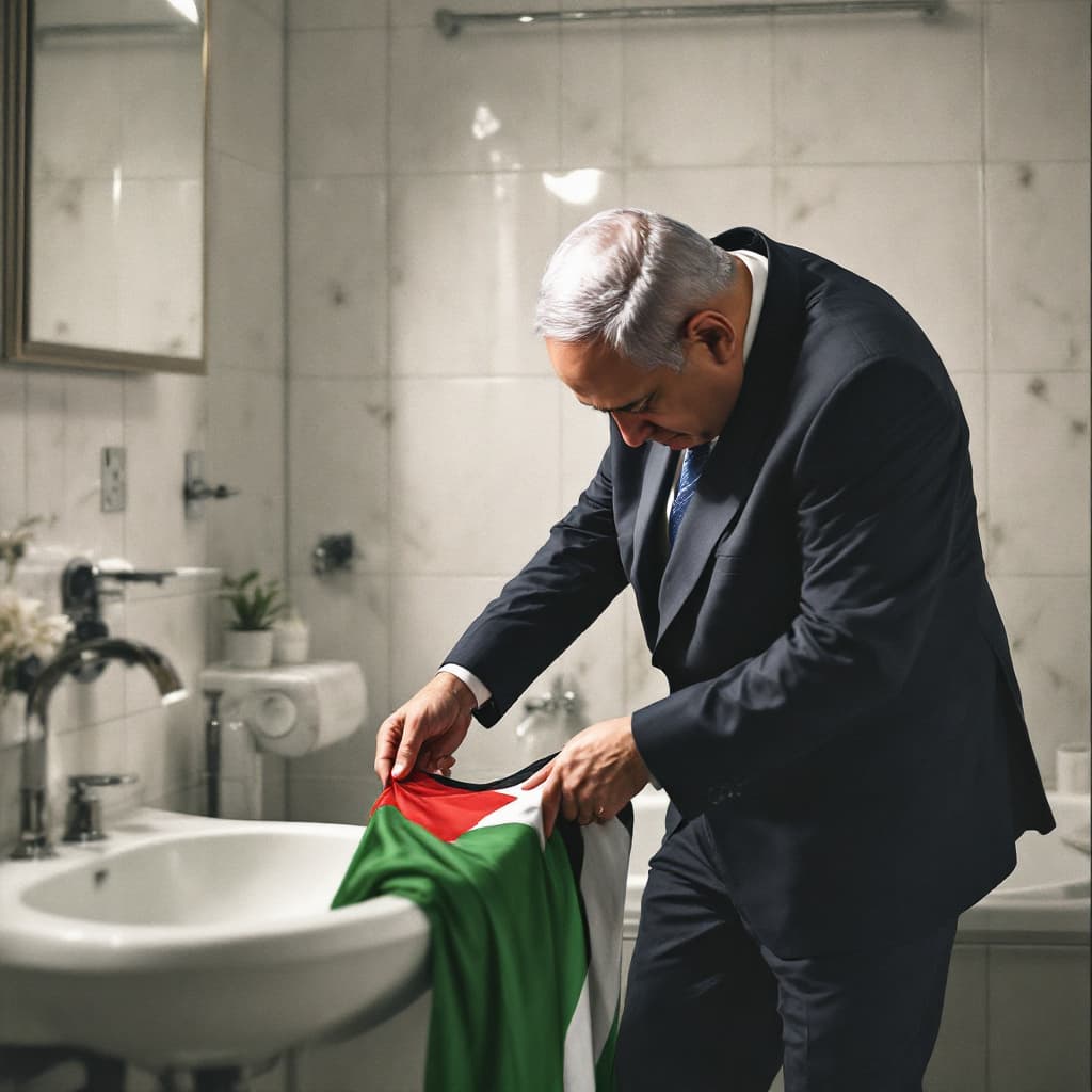 AI generated: Benjamín Netanyahu in a bathroom peeing over a Palestina flag