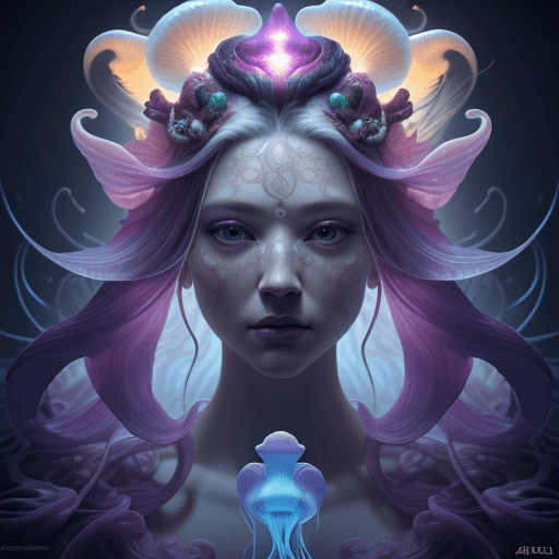 AI generated: Goddess close-up portrait ribcagel. jellyfish phoenix head, nautilus, orchid, skull, betta fish, bio...