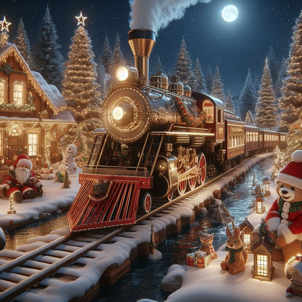 AI generated: Polar Express at the North Pole, Christmas village, photorealistic, shiny, ultrarealistic, uhd, 4k, ...