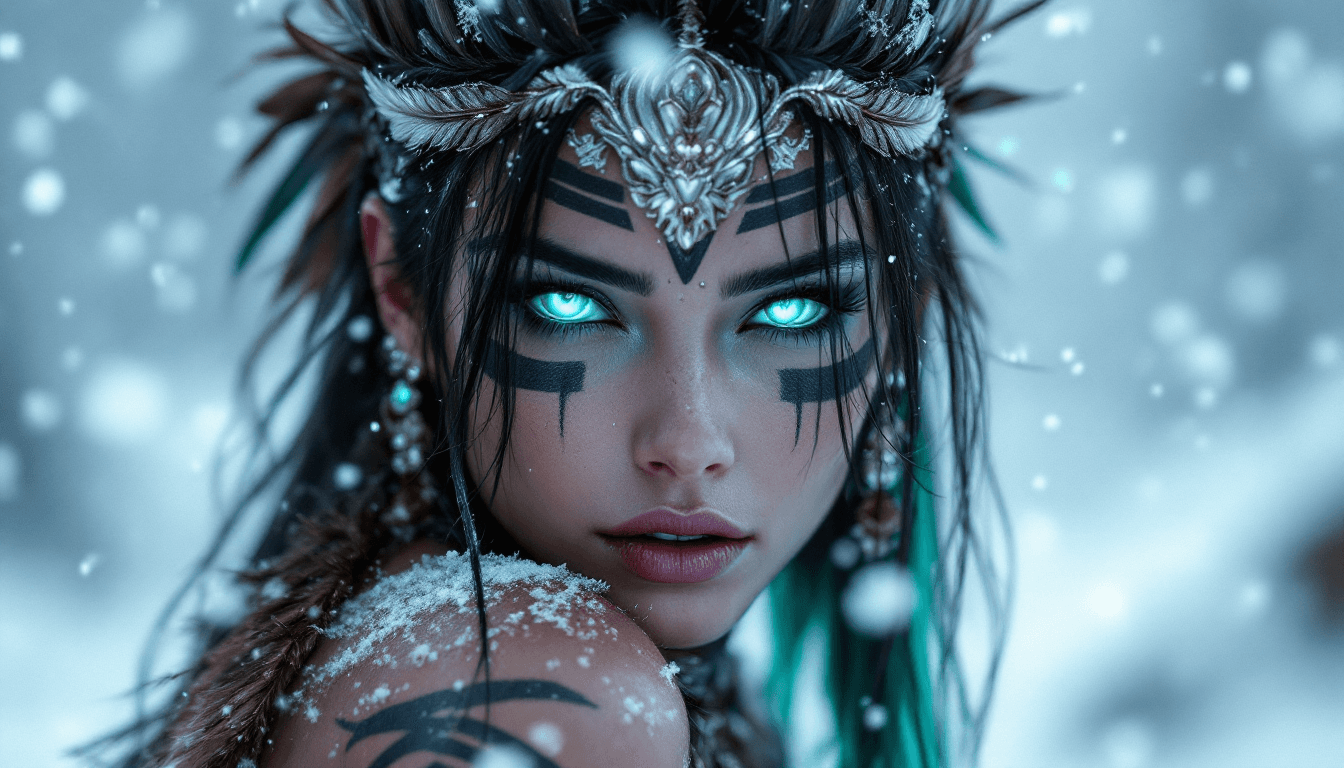 AI generated: A female warrior with dark hair and facial tattoos, wearing a headdress of feathers, full-body portr...