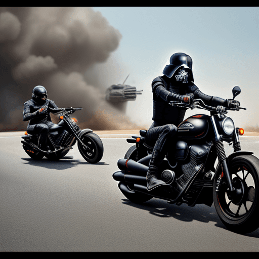 AI generated: DEATH VADOR  MOTO BIKE STUNT   ON THE ROAD OF DEATH  ARMED GUN AND CYBER  DESTROYER MACHINE FOLLOWIN...