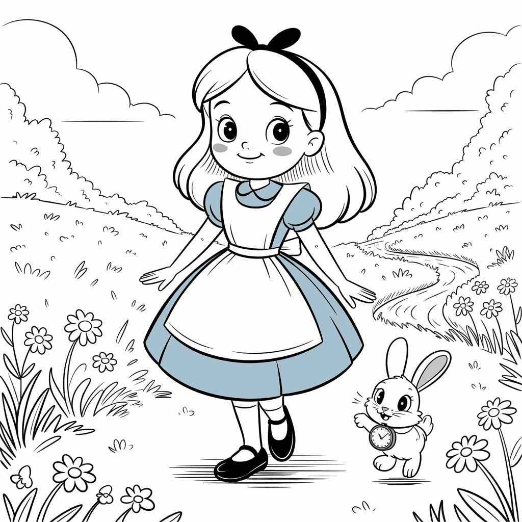 AI generated: Alice, full body, black and white cartoon