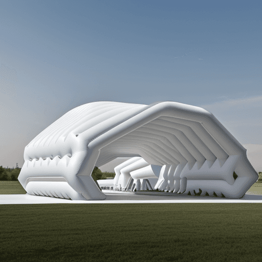 AI generated: high resolution, 8k, inflatable pavillion architecture concept, modern, futuristic, open field land,...