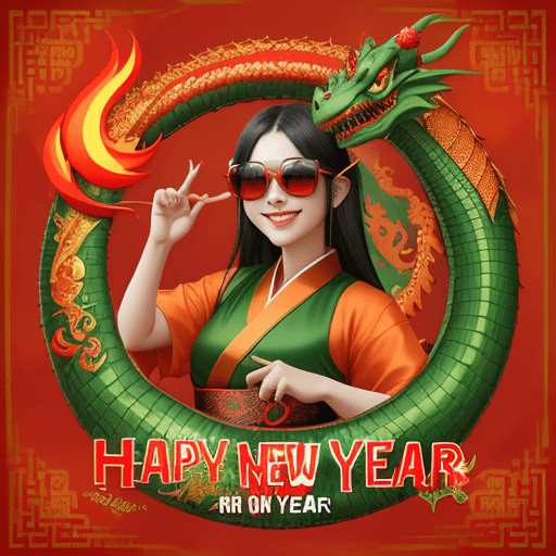 AI generated: a smile green dragon with sunglasses and korean cloth and add text: "2024 Happy new year" and "Hot s...