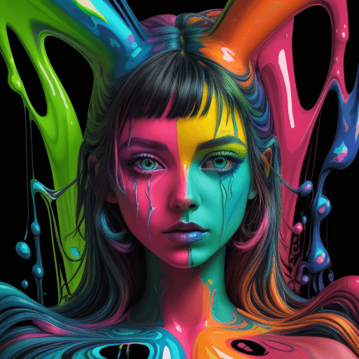 AI generated: psychedelic liquid painting, neon woman colors, green, blue cobalt, ruby red, orange, yellow, pink, ...