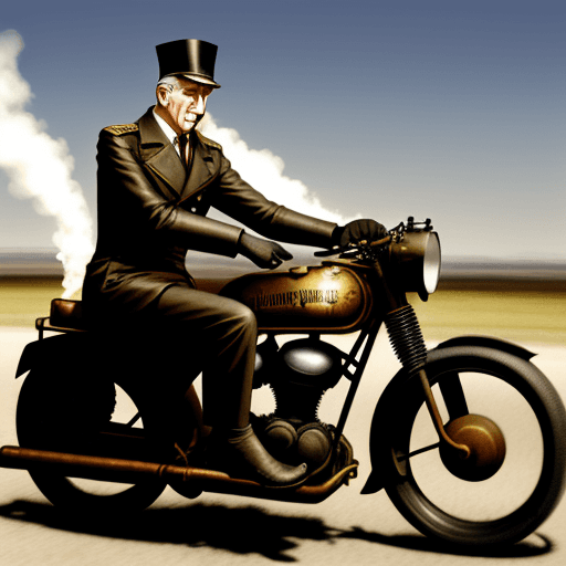 AI generated: Charles de Gaulle riding a steam punk motorcycle
