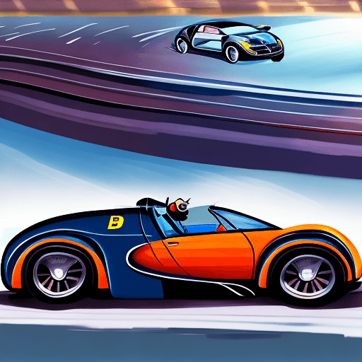 AI generated: andrew tate in a bugatti crusing on the highway with a cartoonish, animator vibe