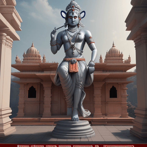 AI generated: a large statue of Lord Krishna with  Arjun looking at it, in the style of unreal engine 5, vrindavan...