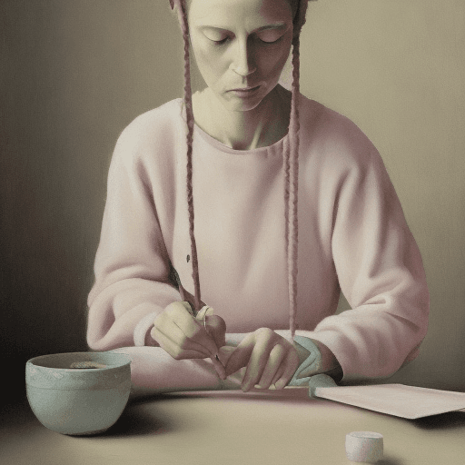 AI generated: A contemplative artist, sketching a still life, in the style of Felice Casorati, a muted palette, wi...