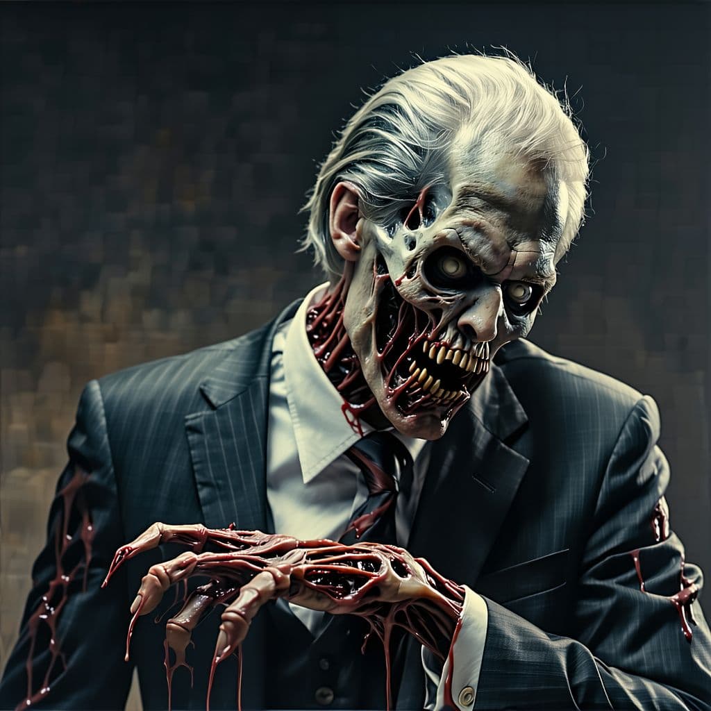 AI generated: zombie, depicted as aruthless CEO of a Fortune 500 company, surrealism, Sony FE 70-200mm f/2.8 GM OS...