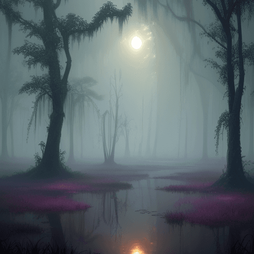 AI generated: a misty swamp, at night, (many trees) , beautiful lighting, fantasy colors, (vivid colors) , highly ...