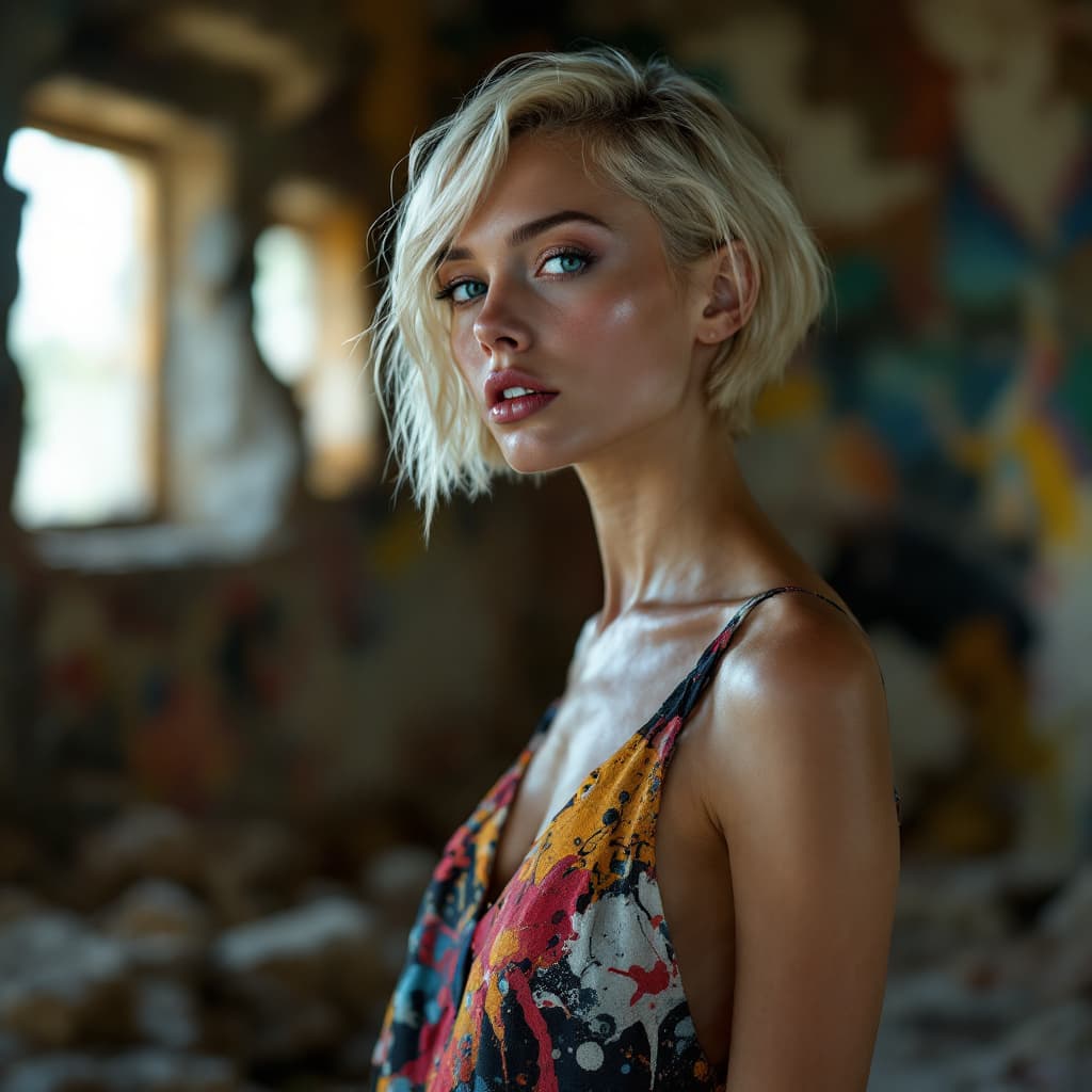 AI generated: Leica photo portrait of a beautiful and mysterious short hair extra blond model with a short dress i...