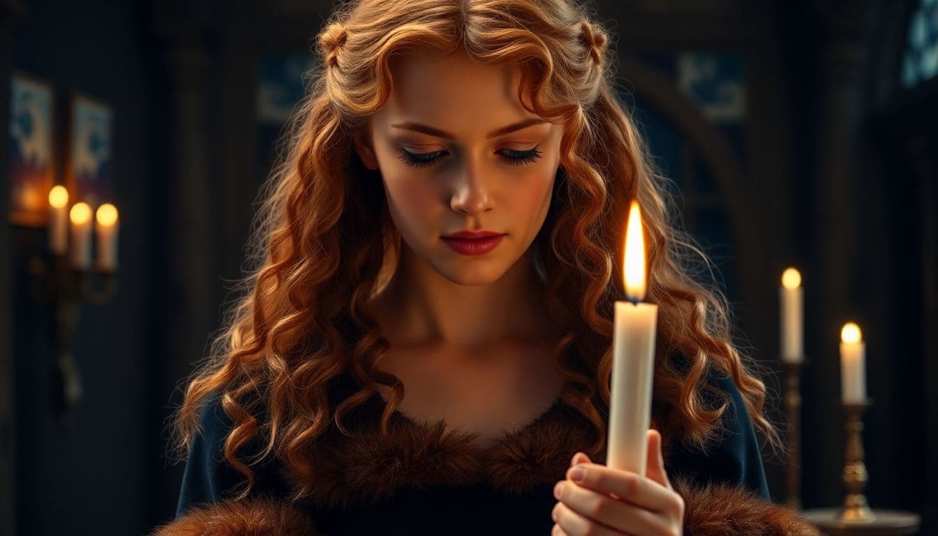 AI generated: (maximum hyperrealistic image: 1.5), (Medieval era: 1.5), (((face as close-up as possible, young bea...