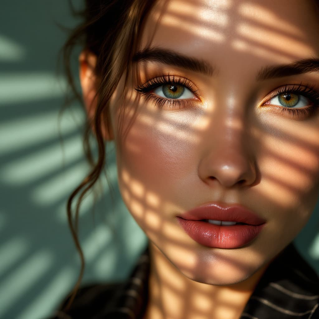 AI generated: Close-up portrait of a woman illuminated by soft, warm afternoon light streaming through window blin...