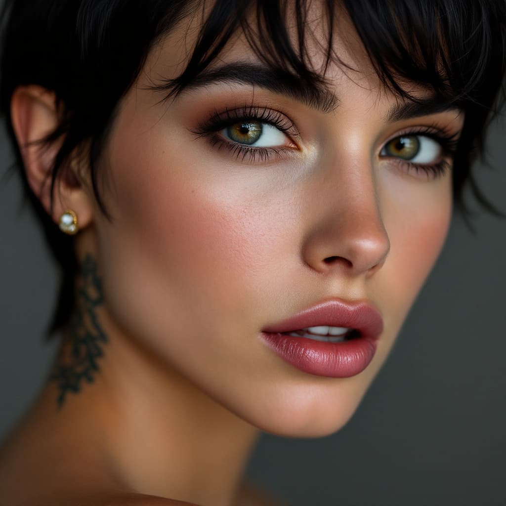 AI generated: Close-up portrait of a woman from Portugal, face without makeup just natural, with short black hair,...