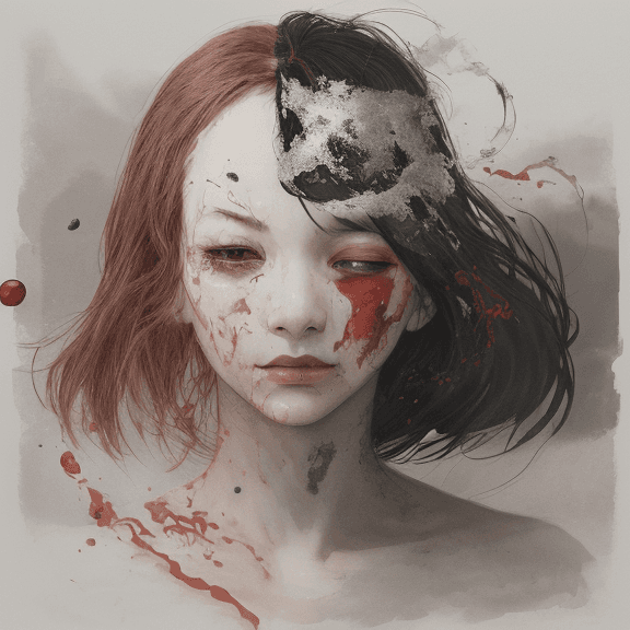 AI generated: a single Woman crying blood, artwork by Takato Yamamoto and Chika Yamada, minimalistic, face barely ...