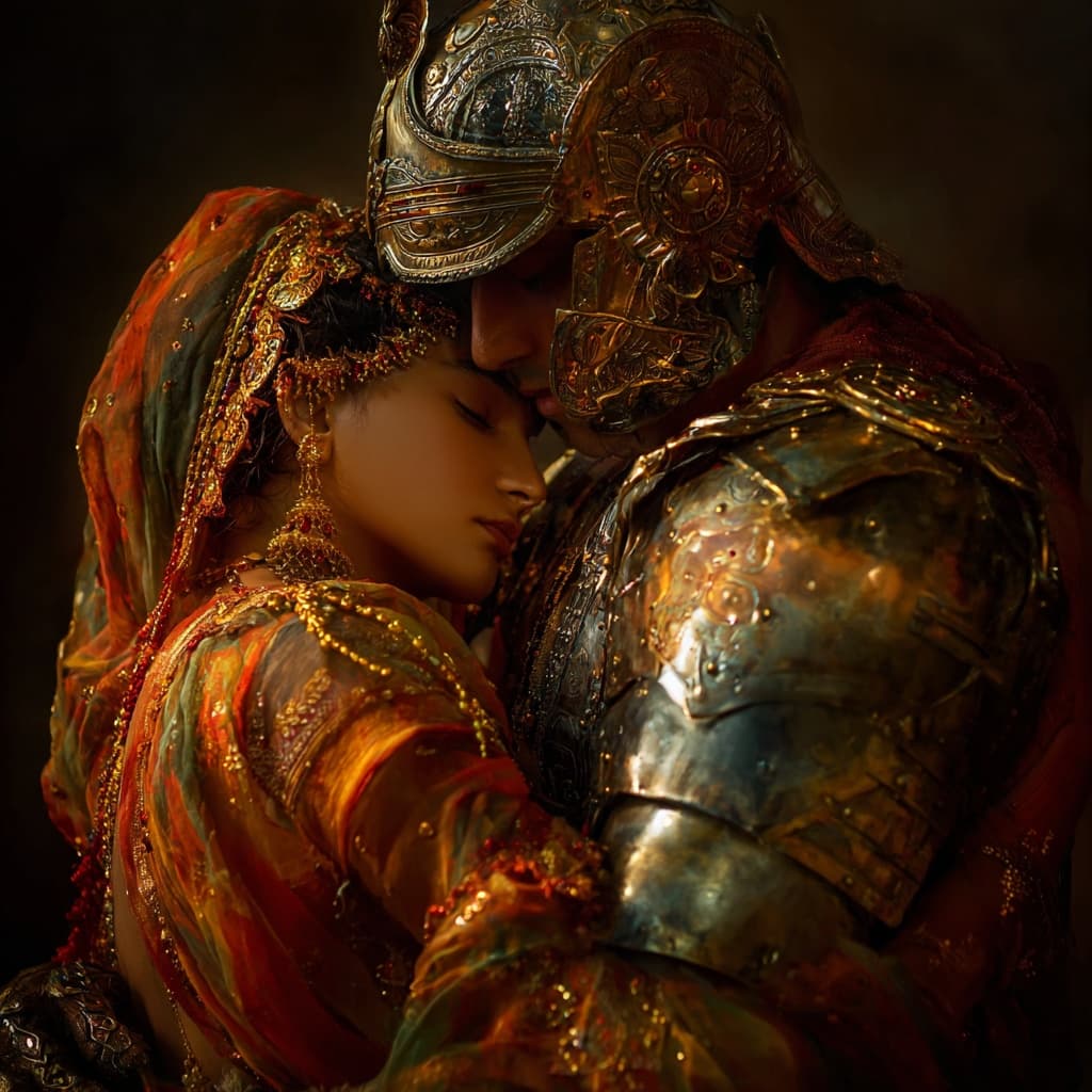AI generated: Hyperrealiatic clarity by Steve McCurry Final embrace of an Indian warrior in indian armor and his w...