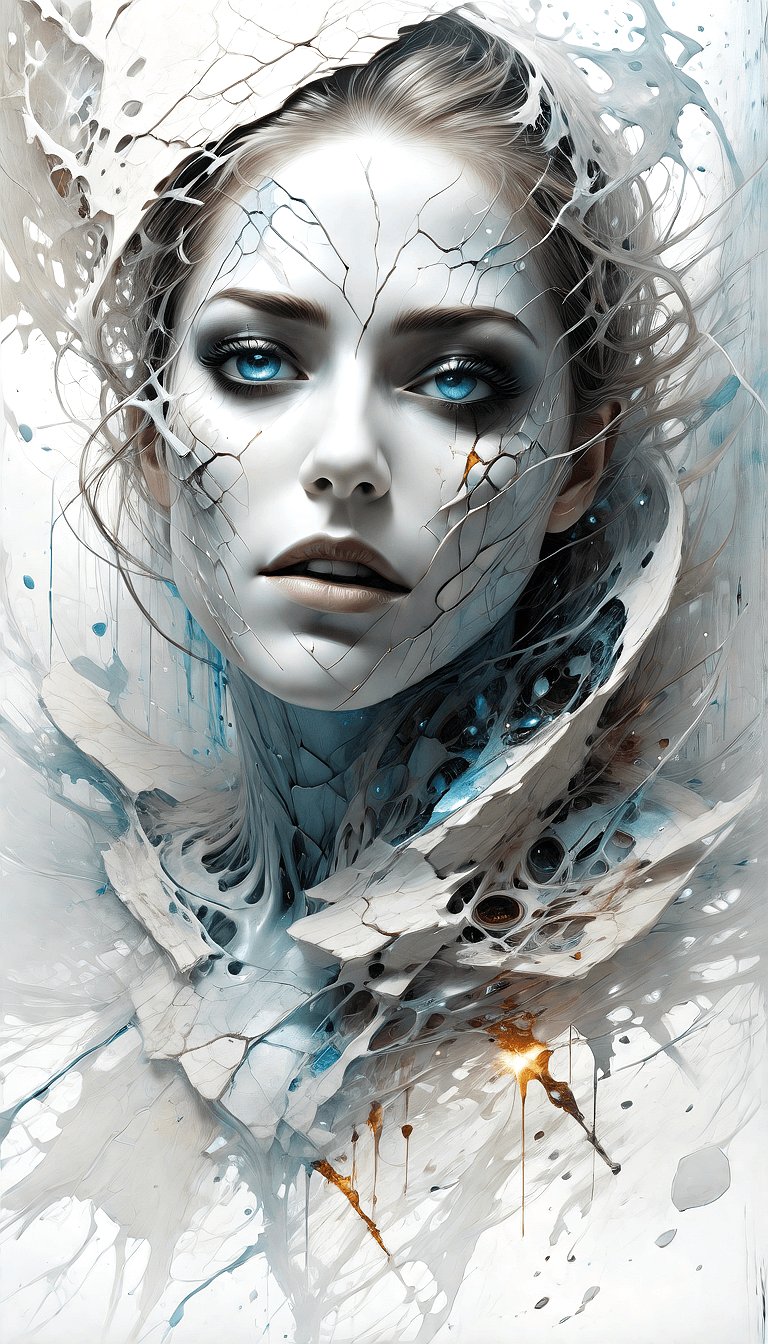 AI generated: A digital painting of a woman with blue eyes and blonde hair, her head slightly tilted to her right....