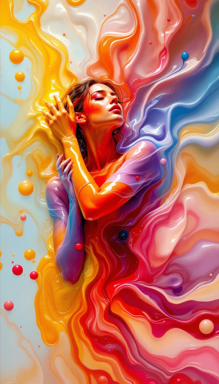 AI generated: Resin Art, Layered Surfaces, Translucent Colors, Fluid, Woman Holding Resin Pouring, Flowing Pose, A...