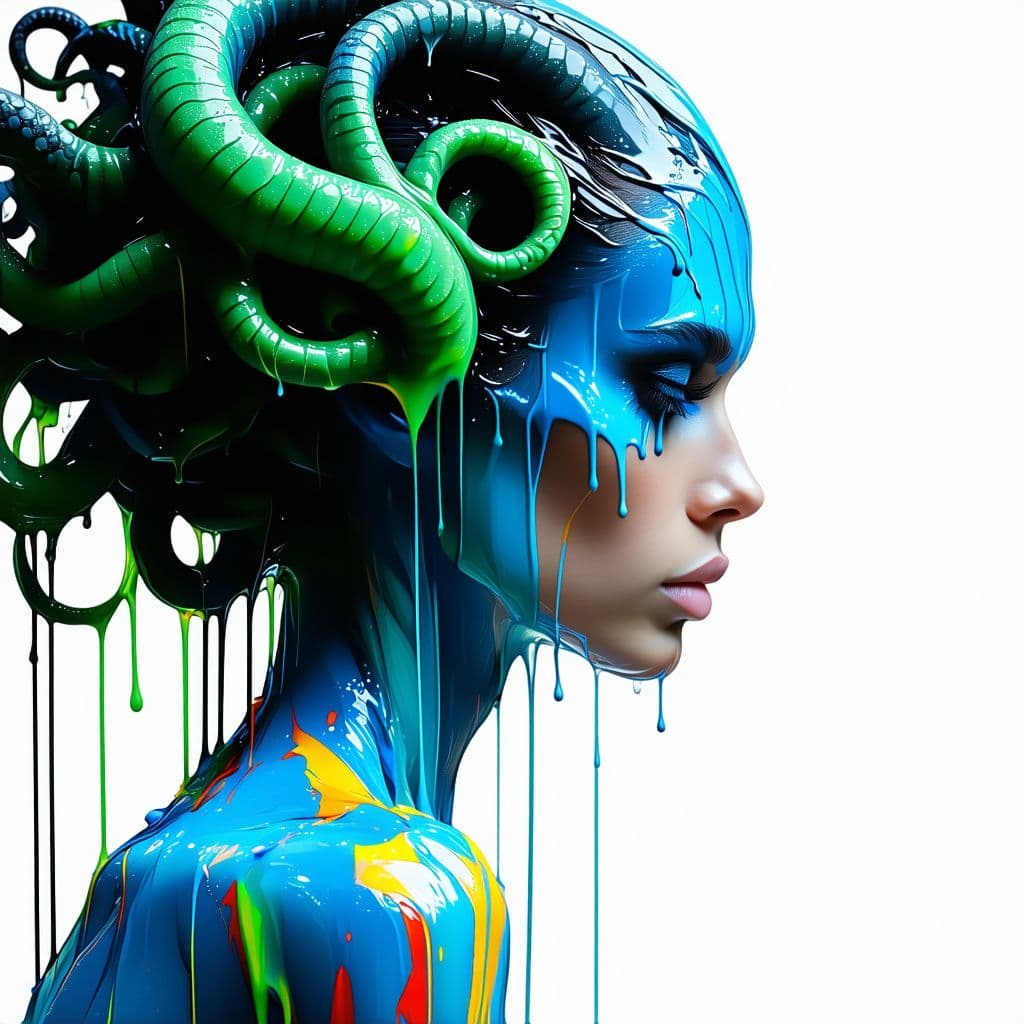 AI generated: art deco girl with a Medusa like head with paint free flowing from her hair, in the style of express...