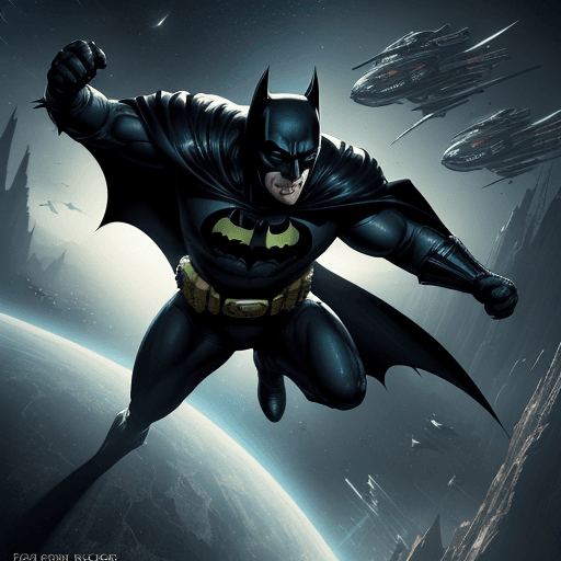 AI generated: A vintage movie poster depicting Batman, fighting an alien invasion in their spaceship, a sci-fi sce...