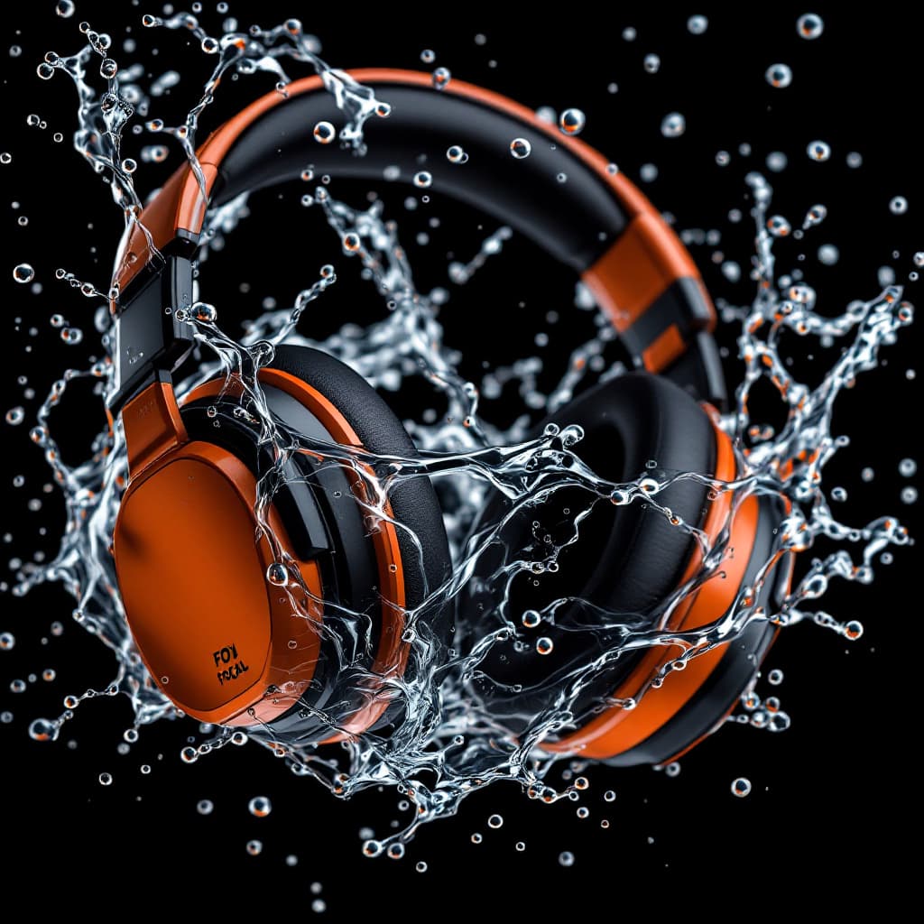 AI generated: Product photography, concept design, Focal High-End headphones, orange headset, sleek waterproof des...
