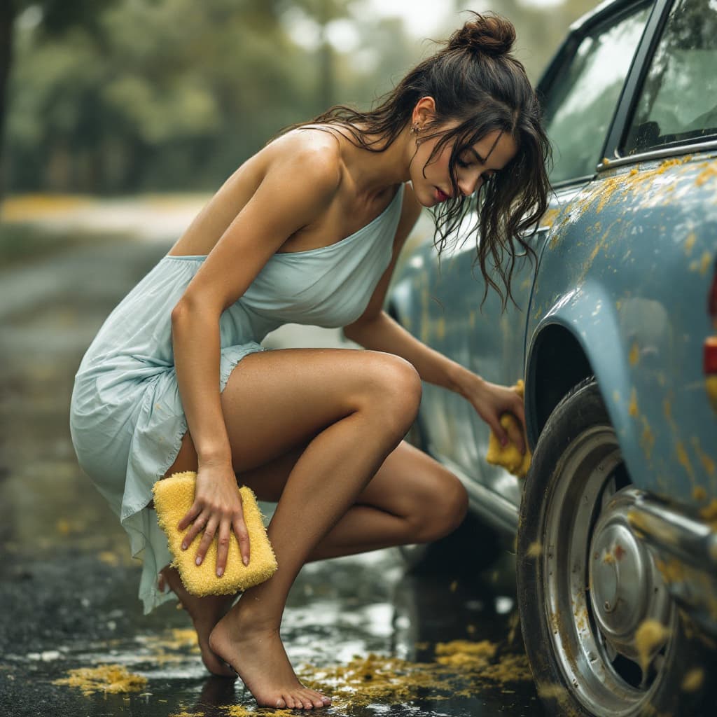 AI generated: The  woman, wearing a wet, dirt-smudged summer dress, bends gracefully to clean the car's wheels wit...