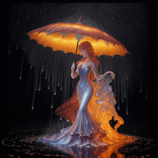 AI generated: An enchanting figure made of enchanted flames stands holding a magnificent umbrella made of cascadin...
