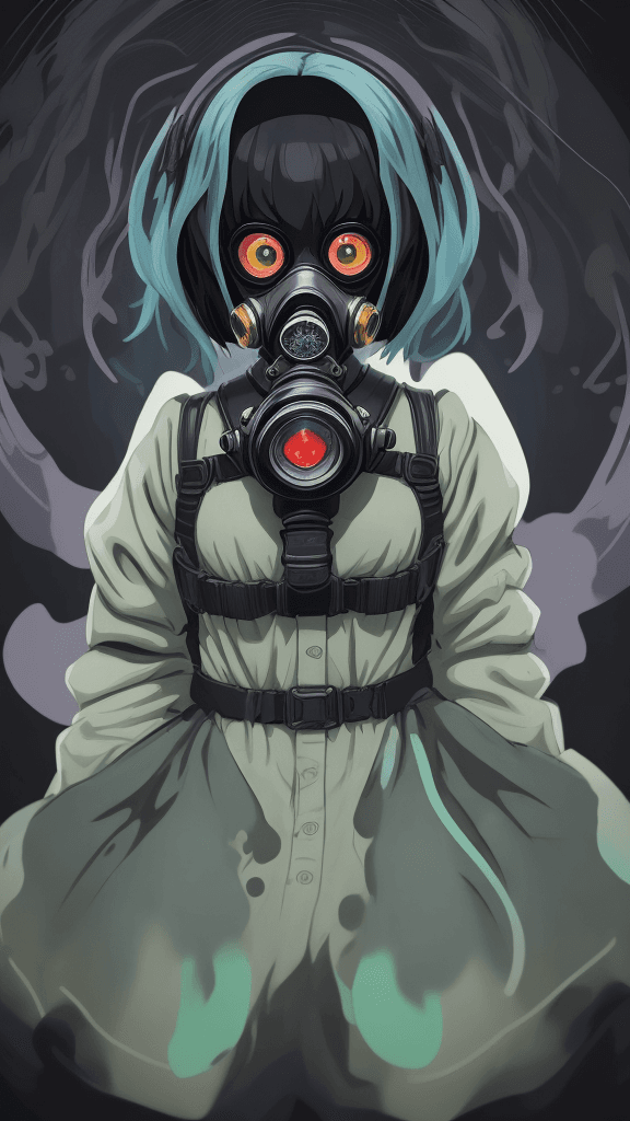 AI generated: complex background portrait of little 
ghost woman. Wearing a gas mask. Prominent eyes, complex back...