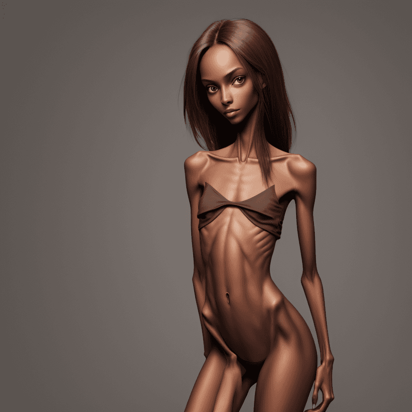 AI generated: extreme beautiful skinny brown skinned  slender face of skinny (almost anorexic) girl without a bra
