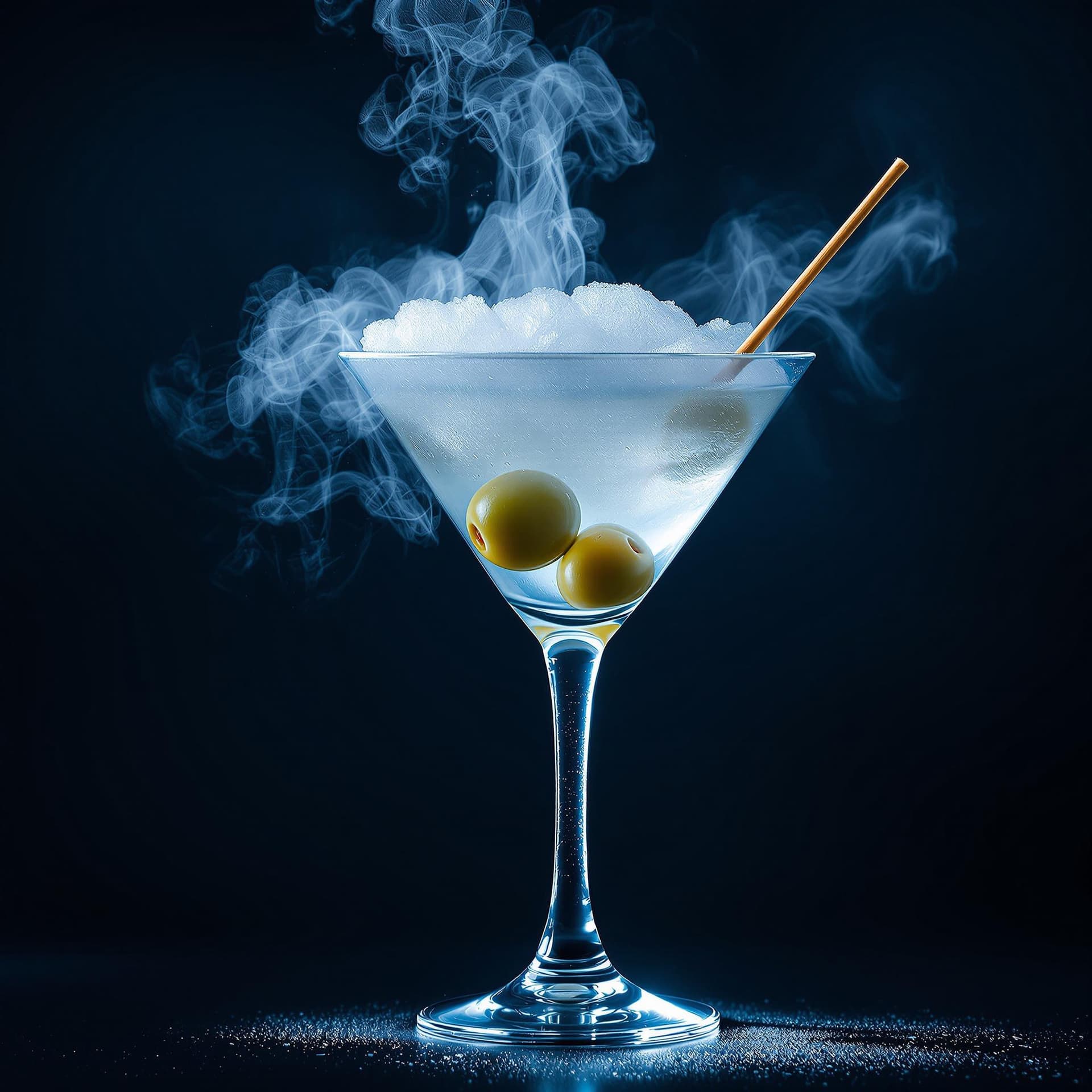 AI generated: award-winning photography of a perfect martini with dry ice in the vodka and fumes rising from the i...