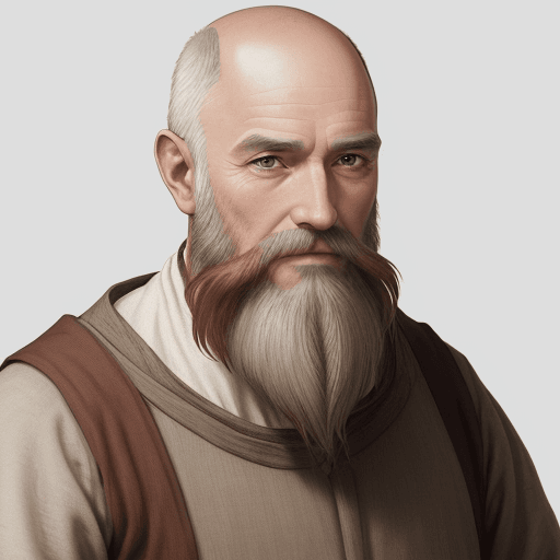 AI generated: A man of about 50 years old with russet hair with graying and bald spots, unkept beard in simple pea...