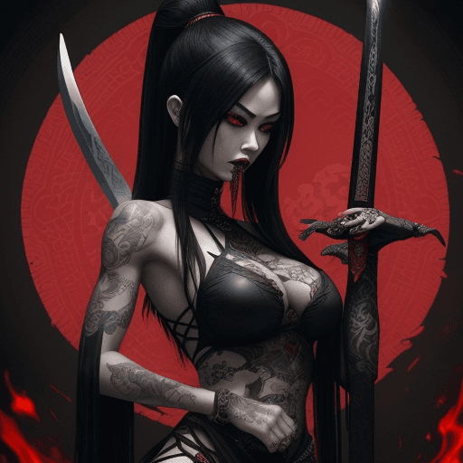 AI generated: The image depicts an oriental female character, holding a sword cursed with the souls of her ancesto...