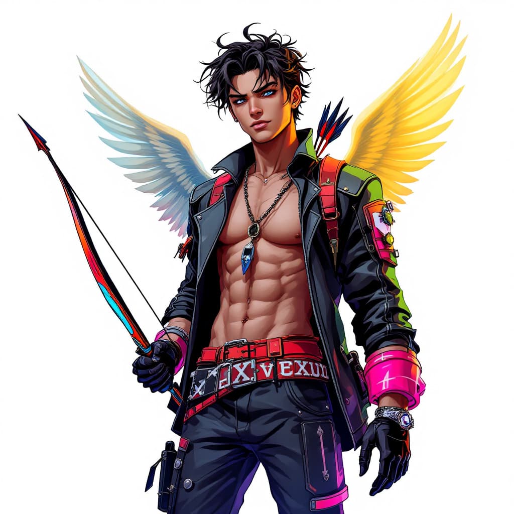 AI generated: mixed race anime boy cupid in dressy street wear with a cyber punk bow and arrow
white background fu...