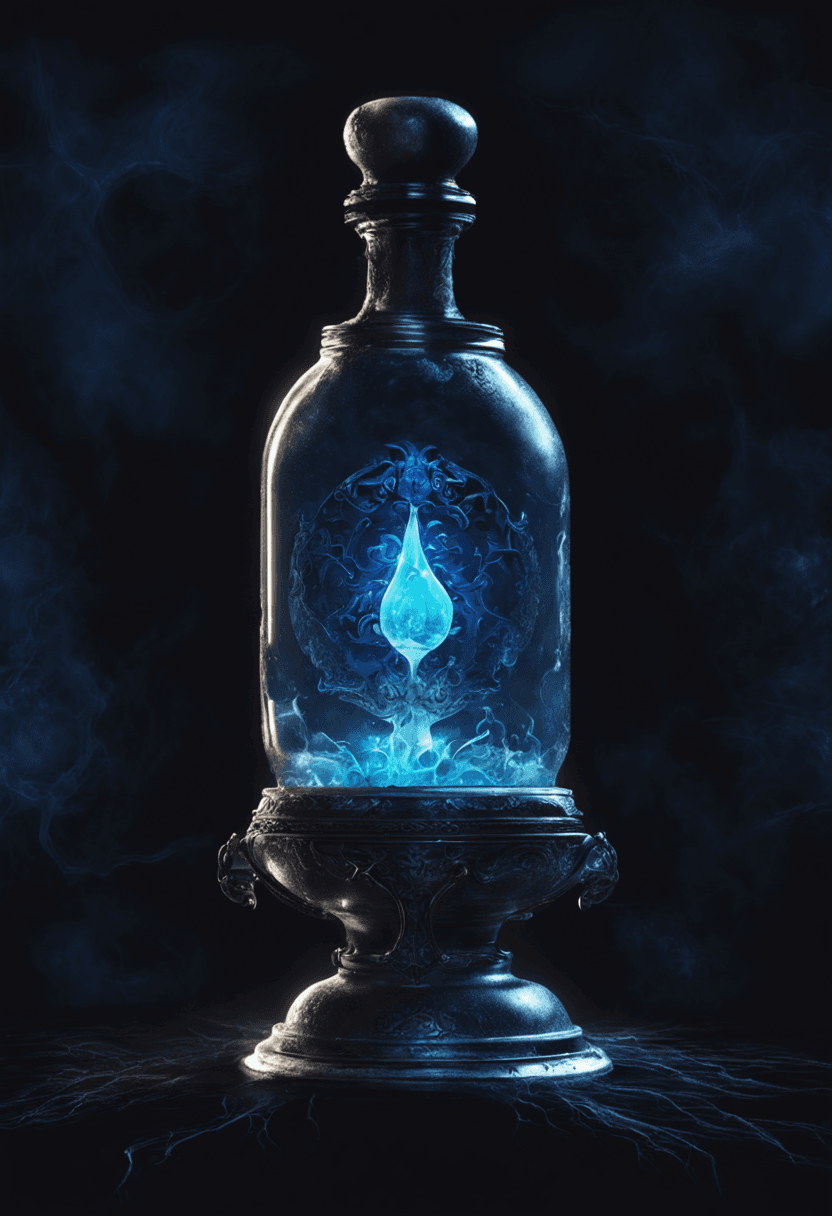AI generated: A digital art of a magic blue magic potion in the middle center of a pitch black background by Greg ...