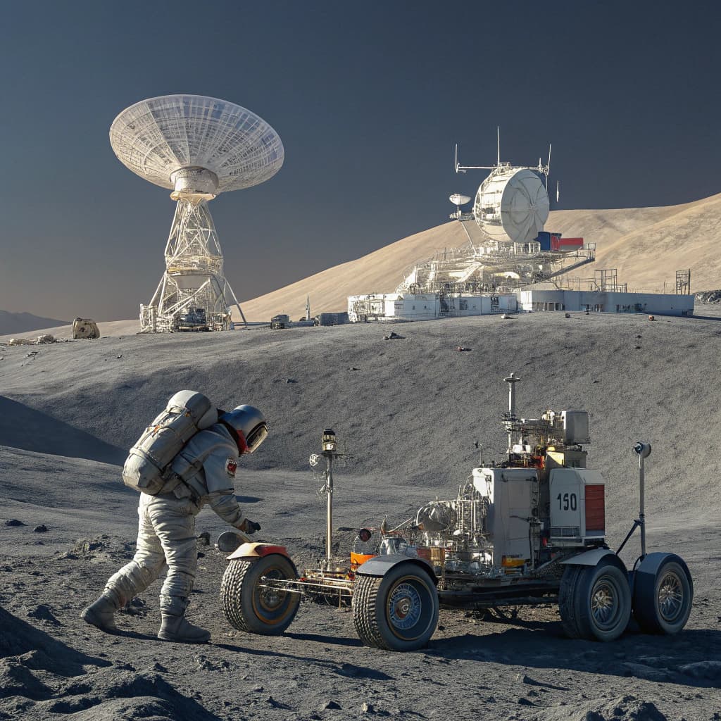 AI generated: Realistic shot of astronauts on the surface of a planet, with a lunar rover and space station in the...