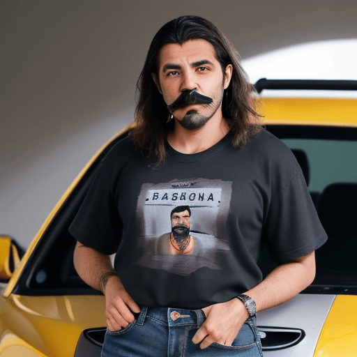 AI generated: Homem bonito com bigode fino e cabelo na régua e com um pouco de barba no queixo de camiseta preta e...