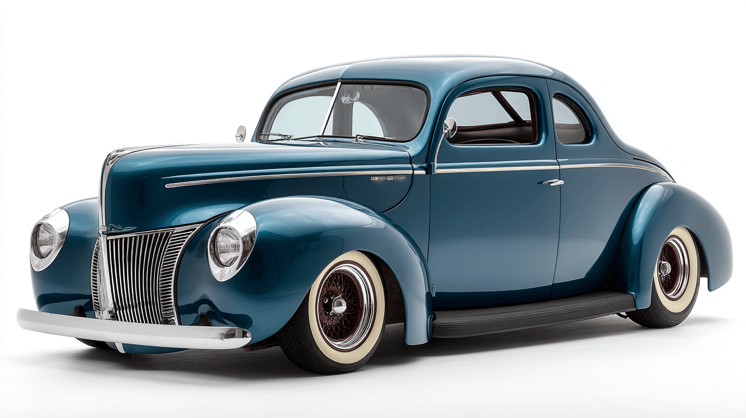 AI generated: 1940 Ford Deluxe coupe, showcasing its curvy front fenders, split
windshield, and classic hot rod s...
