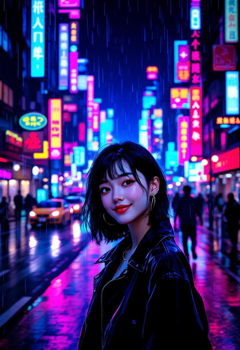 AI generated:  a neo-retro futuristic city street, busy neon-flooded street in active rain with reflections, some ...