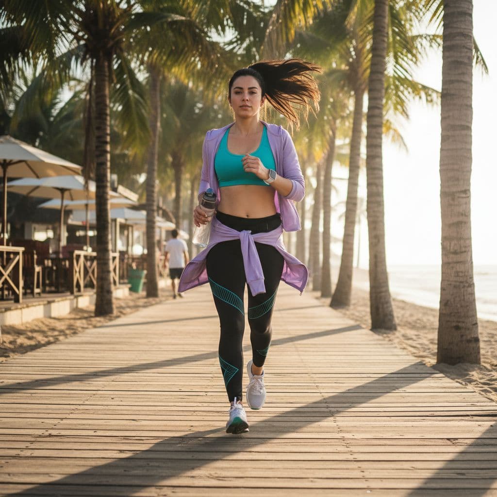 AI generated: Sarah maintains a steady rhythm as she jogs along the palm-lined beach path, her athletic frame movi...