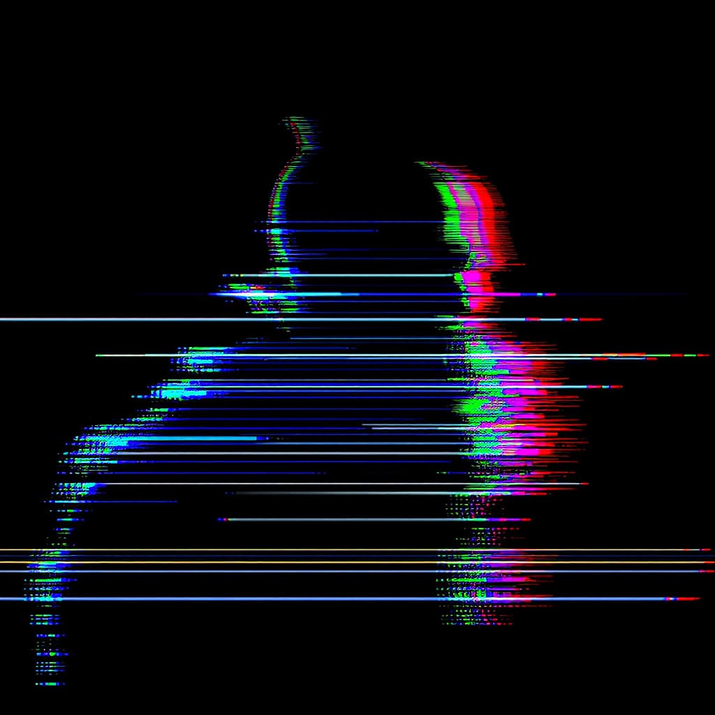 AI generated: glitch art with linear distortion, horizontal scan lines and digital interference, vertical portrait...