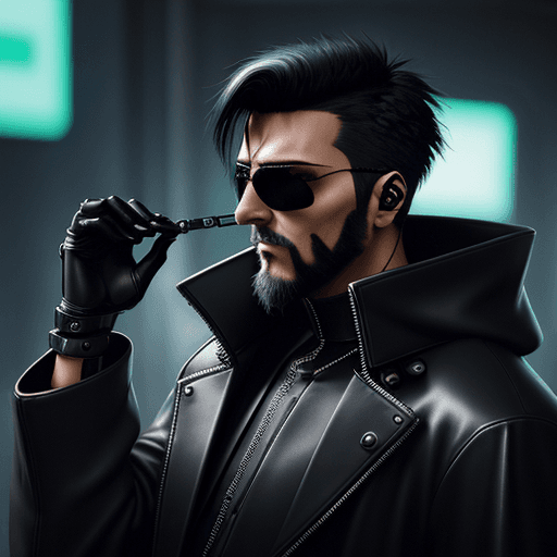AI generated: cyberpunk priest with cyberware and aviator sunglasses. wear leather coat. short black hair and shor...