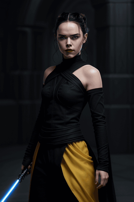 AI generated: rey skywalker with daisy ridley face as sith lady in black sith uniform, dark red lips, yellow eyes,...