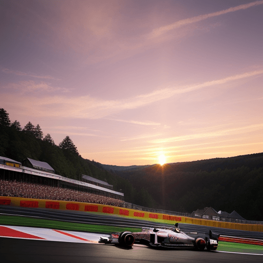AI generated: beautiful shot on the sunset in the eau rouge turn in belguim, an f1 race car passing there
